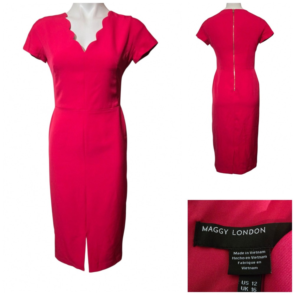Maggy London midi dress Pink V-Neck Sheath Size 12 Short Sleeve  office church
